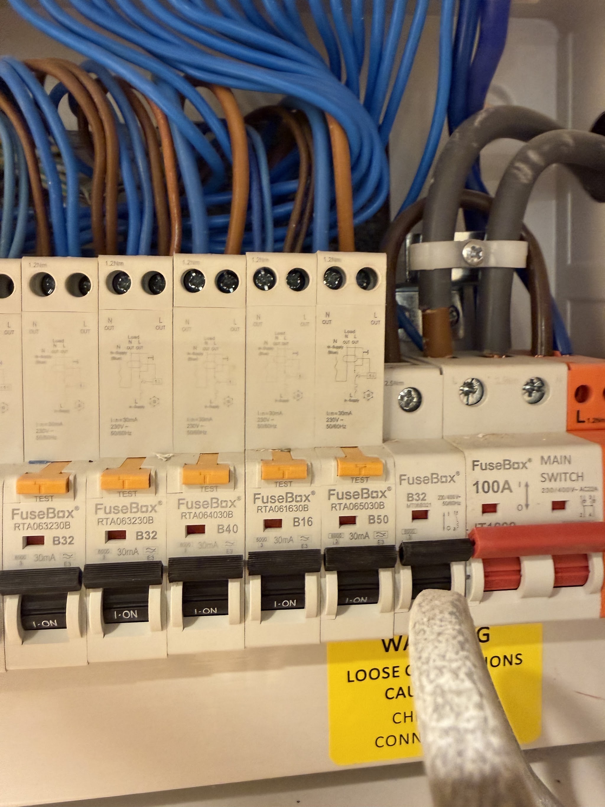 Close-up of a consumer unit with a row of circuit breakers and a 100A main switch