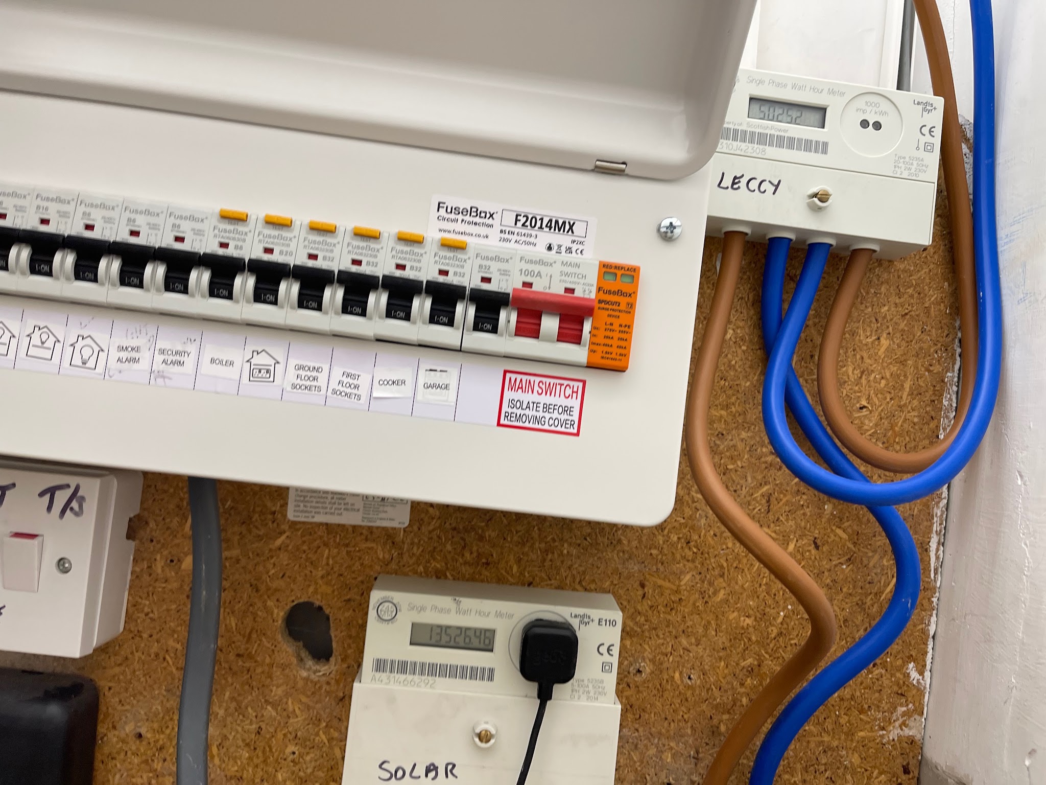 A consumer unit with labelled circuits beside the electricity meters